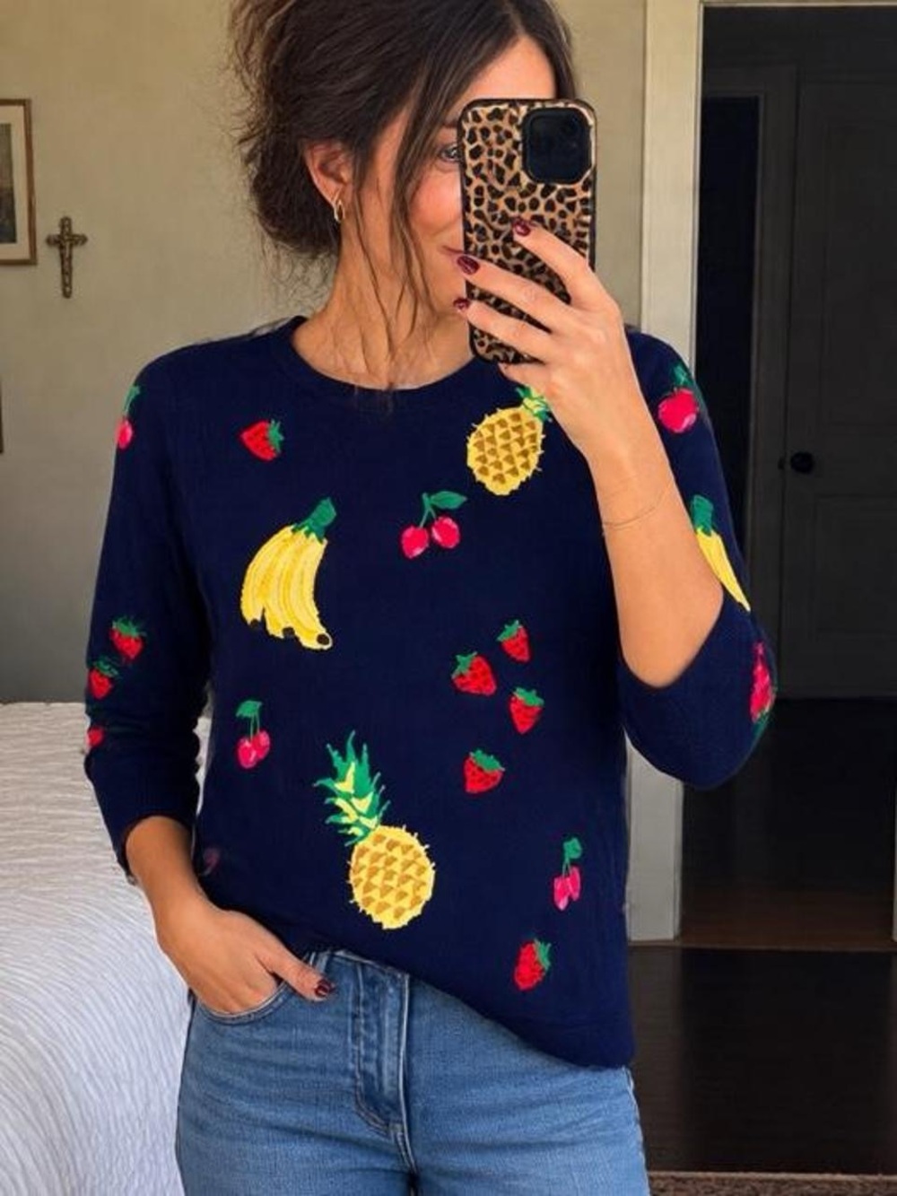 Talbots Petites Navy Fruit Embroidered Sweater MP